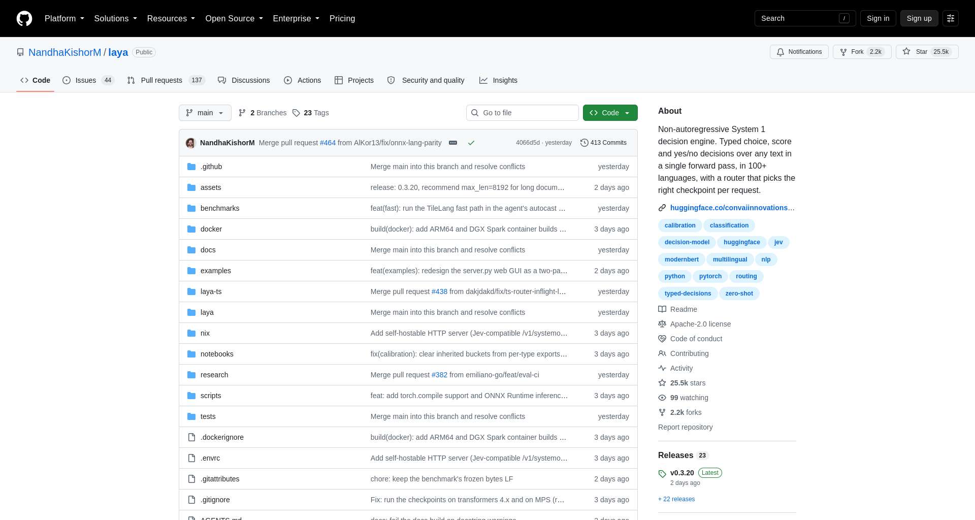 Trawl viewport screenshot of the Laya project repository, showing its model family and local decision-engine documentation.