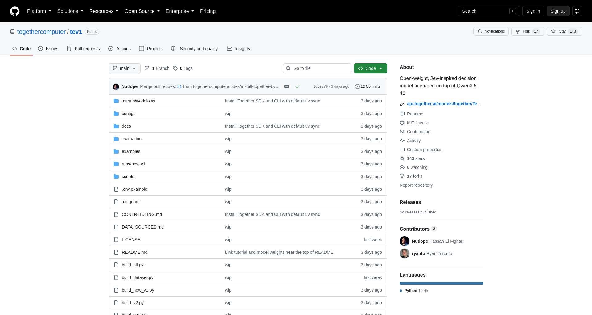 Trawl viewport screenshot of the official Tev1 repository, showing its experimental Qwen fine-tune and training recipe.
